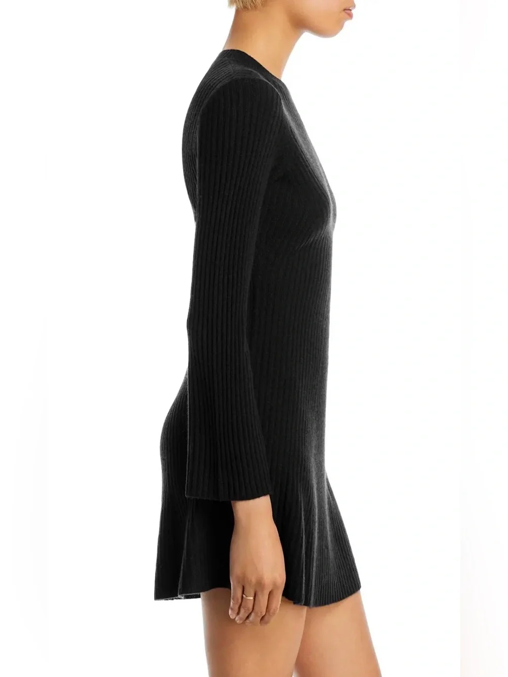 Aqua 100% Cashmere Contour Ribbed Mini Dress Long-Sleeve- Black